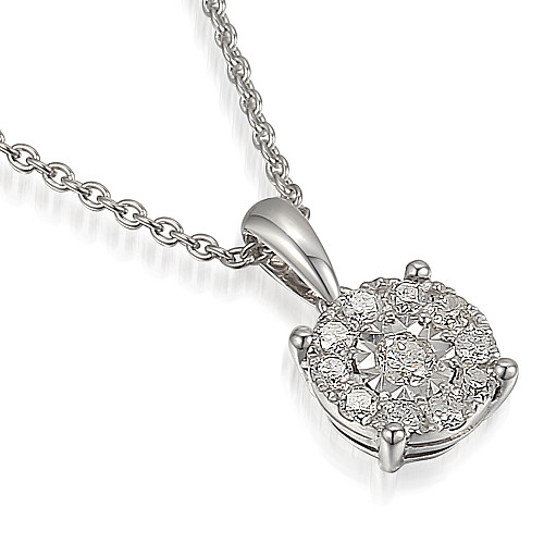 Round Brilliant Cut Diamond Rubover Set Cluster Pendant And Chain
