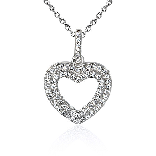 Round Brilliant Cut Double Row Micro Set Diamond Heart Shape Necklace