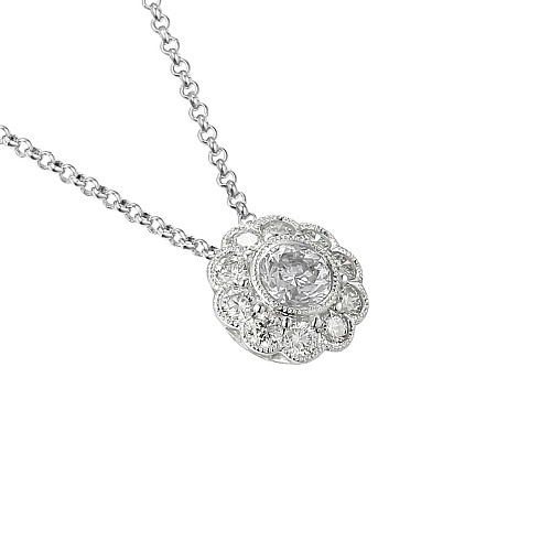 Round Brilliant Cut Diamond Rubover Set Cluster With Milgrain Pendant