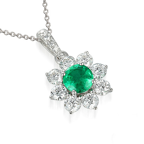 Claw Set Round Brilliant Cut Emerald And Diamond Halo Cluster Pendant And Chain