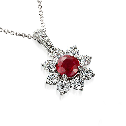 Claw Set Round Brilliant Cut Ruby And Diamond Halo Cluster Pendant And Chain