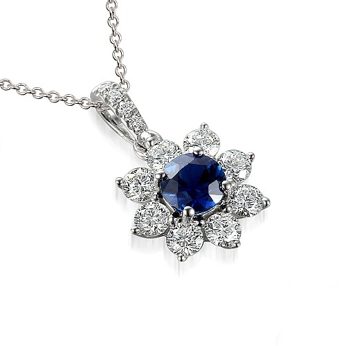 Claw Set Round Brilliant Cut Blue Sapphire And Diamond Halo Cluster Pendant And Chain