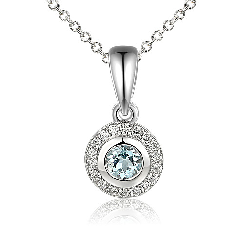 Claw Set Round Aquamarine & Micro Set Round Diamond Halo Pendant