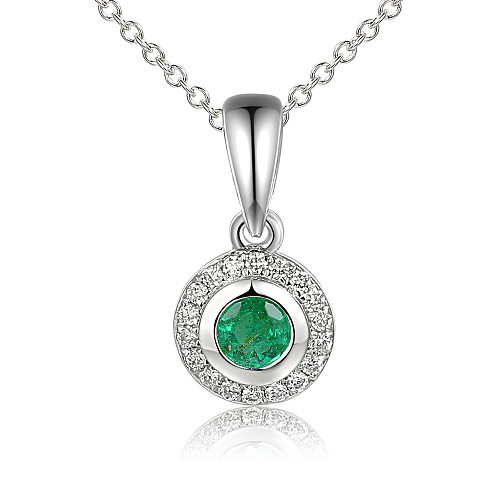 Claw Set Round Emerald & Micro Set Round Diamond Halo Pendant