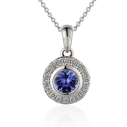 Rubover Set Round Brilliant Cut Tanzanite With Micro Set Diamond Halo Pendant And Chain