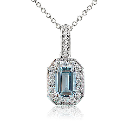 Claw Set Emerald Cut Aquamarine & Micro Set Round Diamond Halo Pendant