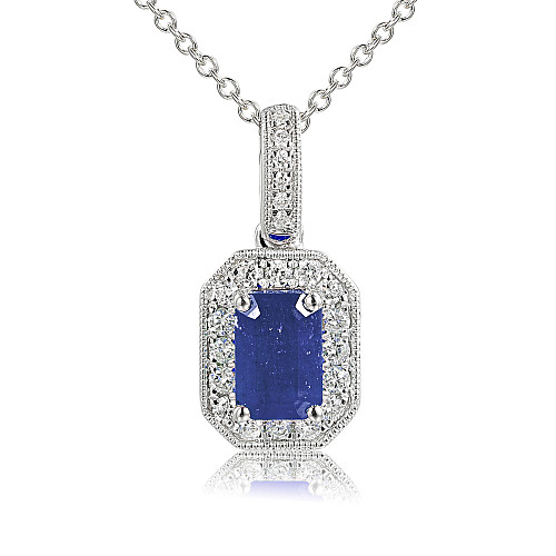Claw Set Emerald Cut Sapphire & Micro Set Round Diamond Halo Pendant