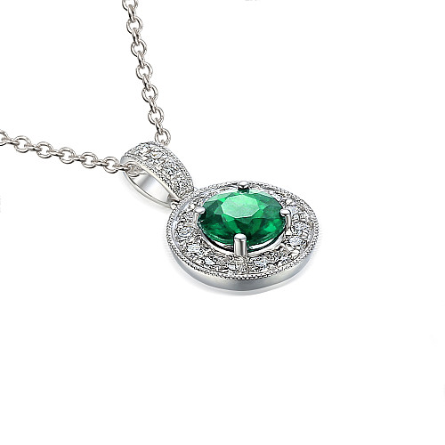 Claw Set Round Brilliant Cut Emerald & Micro Set Diamond Halo Pendant