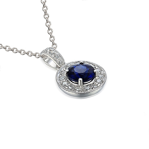 Claw Set Round Brilliant Cut Blue Sapphire & Micro Set Diamond Halo Pendant
