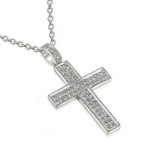 Round Brilliant Cut Milgrain Micro Set Diamond Cross Pendant & Chain