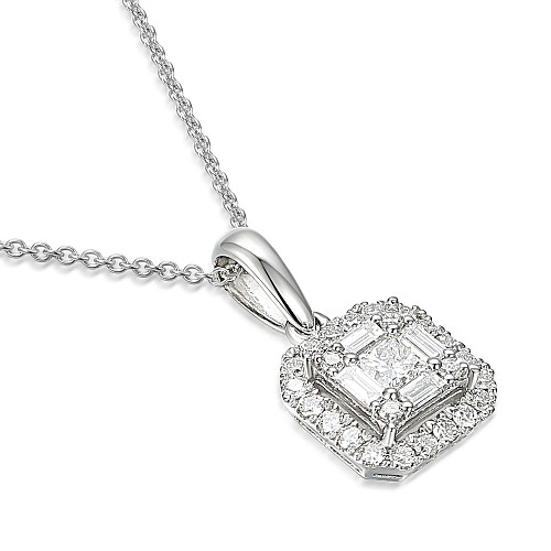 Micro Set Baguette Cut & Round Diamond Cluster Square Pendant + Chain