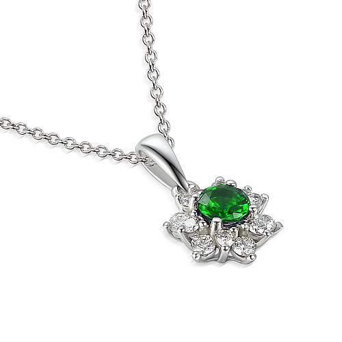 Claw Set Round Brilliant Cut Emerald And Diamond Cluster Pendant And Chain