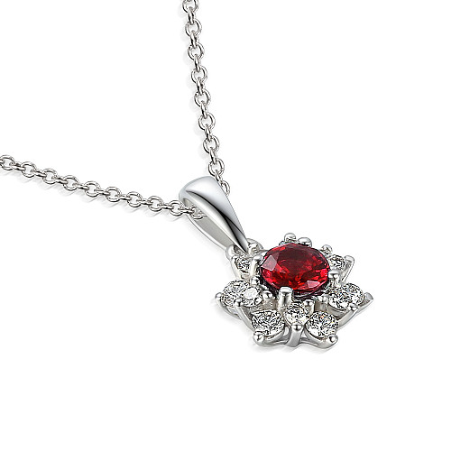 Claw Set Round Brilliant Cut Ruby And Diamond Cluster Pendant And Chain