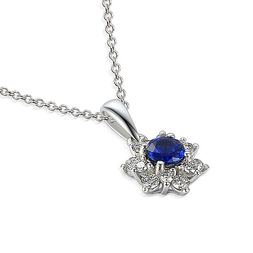 Claw Set Round Brilliant Cut Blue Sapphire And Diamond Cluster Pendant And Chain