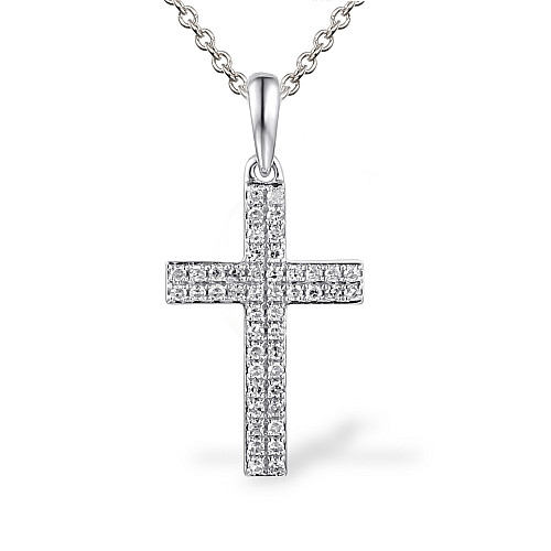 Round Brilliant Cut Micro Set Diamond Cross Pendant & Chain