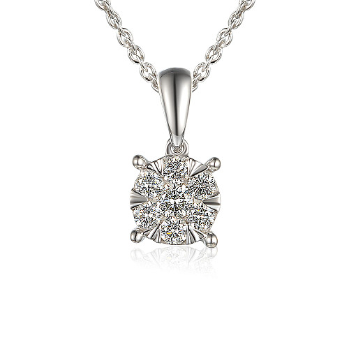 Round Brilliant Cut Diamond Claw Set Cluster Pendant And Chain