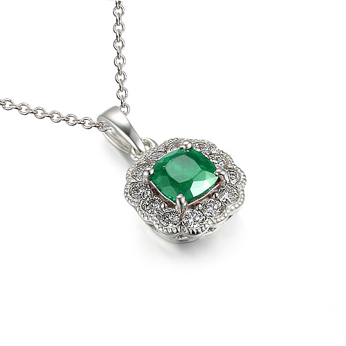 Claw Set Cushion Cut Emerald And Round Brilliant Cut Diamond Halo Pendant And Chain