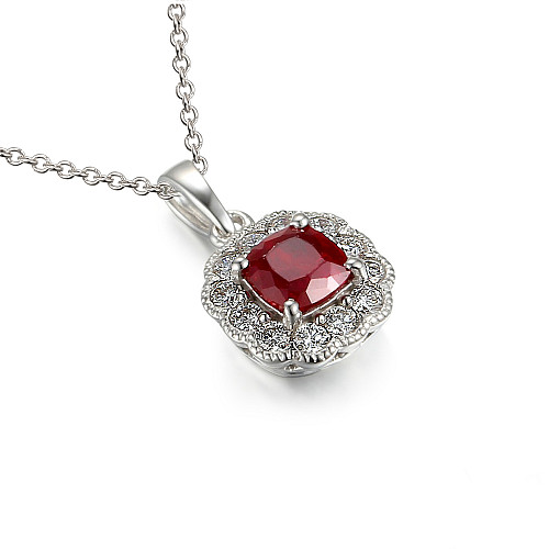Claw Set Cushion Cut Ruby And Round Brilliant Cut Diamond Halo Pendant And Chain