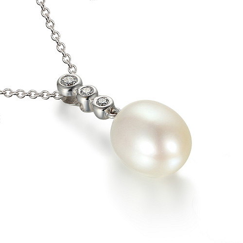 Claw Set Oval Pearl With Rubover Set Round Brilliant Cut Diamond Drop Pendant And Chain