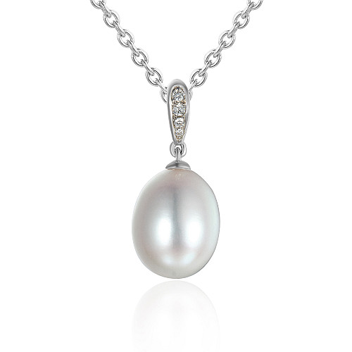 Pearl Drop With Round Brilliant Cut Claw Set Diamond Necklace
