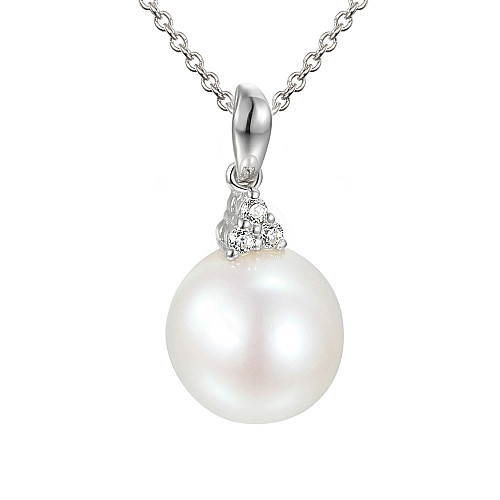 Round Pearl With Claw Set Round Brilliant Cut Diamond Trefoil Drop Pendant And Chain