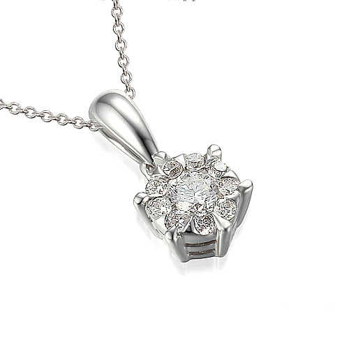 Round Brilliant Cut Diamond Micro Set Cluster Pendant And Chain