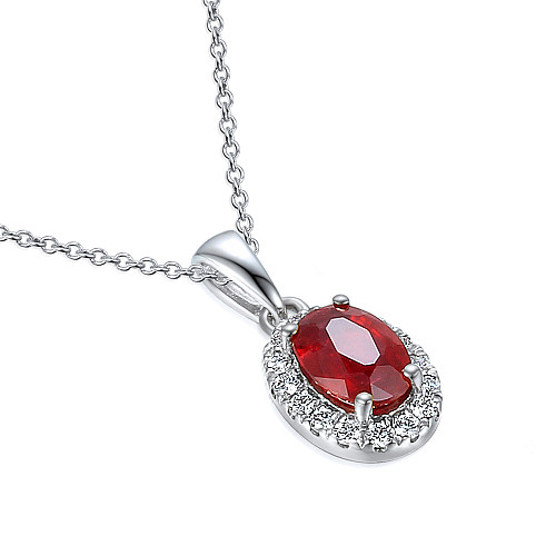Claw Set Oval Cut Ruby With Micro Set Diamond Halo Pendant And Chain