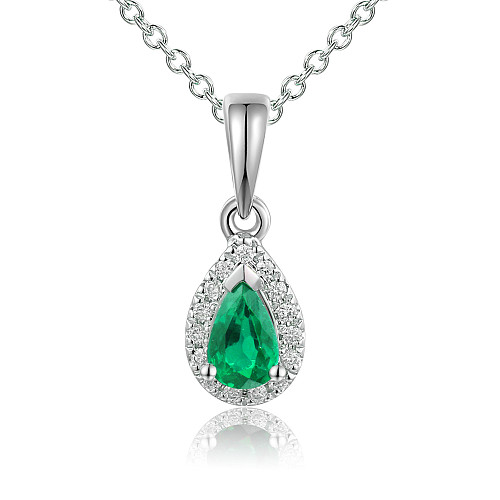 Claw Set Pear Cut Emerald & Micro Set Round Diamond Halo Pendant