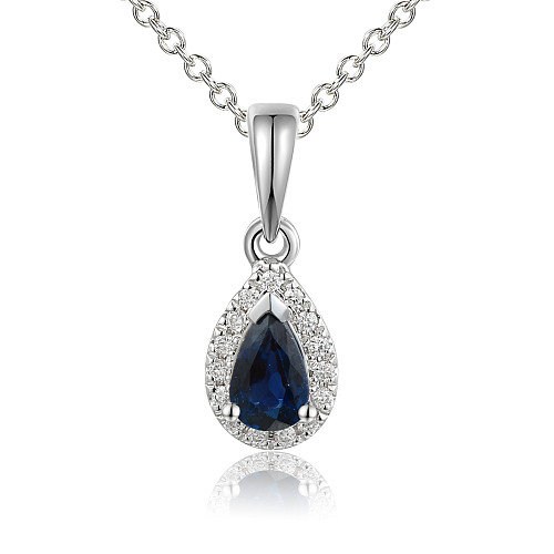 Claw Set Pear Cut Sapphire & Micro Set Round Diamond Halo Pendant