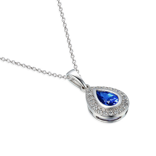 Rubover Set Pear Shape Cut Tanzanite With Micro Set Round Brilliant Cut Diamond Halo Pendant And Chain