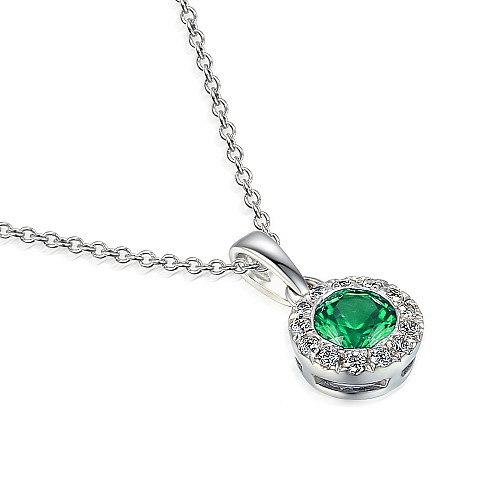Rubover Set Round Brilliant Cut Emerald With Micro Set Diamond Halo Pendant And Chain
