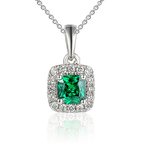 Claw Set Cushion Cut Emerald With Micro Set Diamond Halo Pendant And Chain
