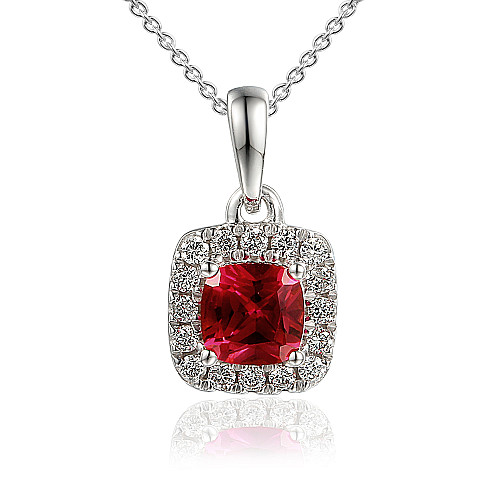 Claw Set Cushion Cut Ruby With Micro Set Diamond Halo Pendant And Chain