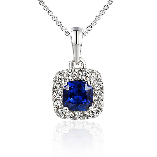Claw Set Cushion Cut Blue Sapphire With Micro Set Diamond Halo Pendant And Chain