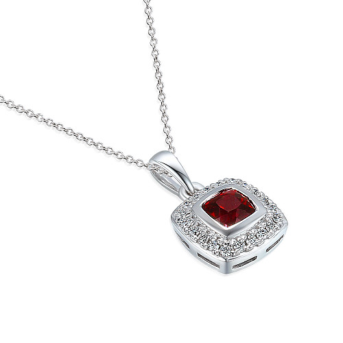 Rubover Set Cushion Cut Ruby With Micro Set Round Brilliant Cut Diamond Halo Pendant And Chain