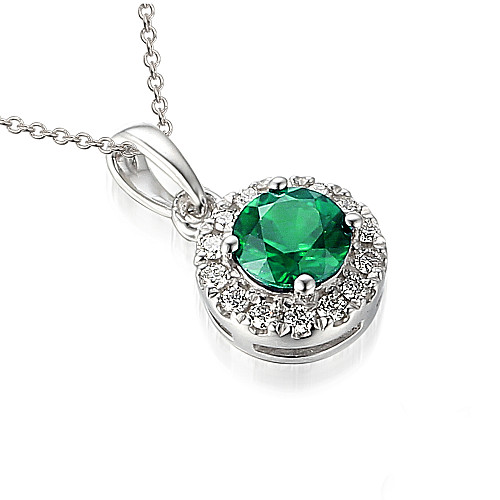 Claw Set Round Brilliant Cut Emerald With Micro Set Diamond Halo Pendant And Chain