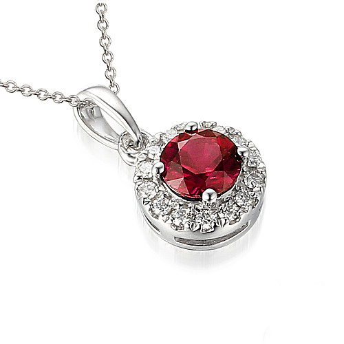 Claw Set Round Brilliant Cut Ruby With Micro Set Diamond Halo Pendant And Chain