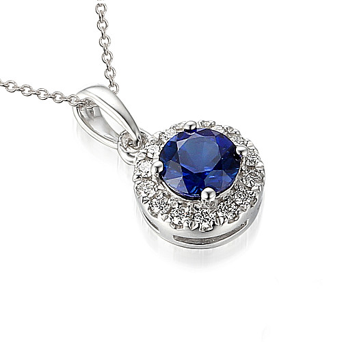 Claw Set Round Brilliant Cut Blue Sapphire With Micro Set Diamond Halo Pendant And Chain