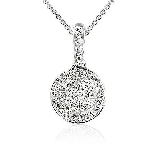 Round Brilliant Cut Diamond Micro Set Cluster Pendant And Chain