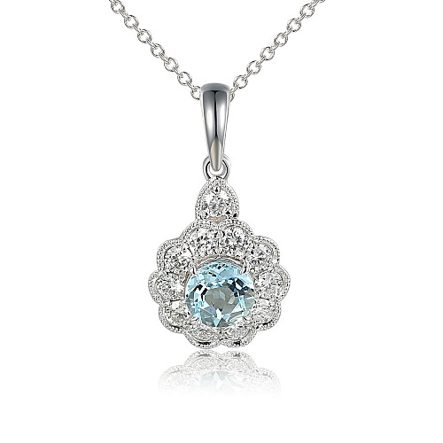 Claw Set Round Aquamarine & Micro Set Round Diamond Halo Pendant