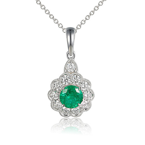 Claw Set Round Emerald & Micro Set Round Diamond Halo Pendant