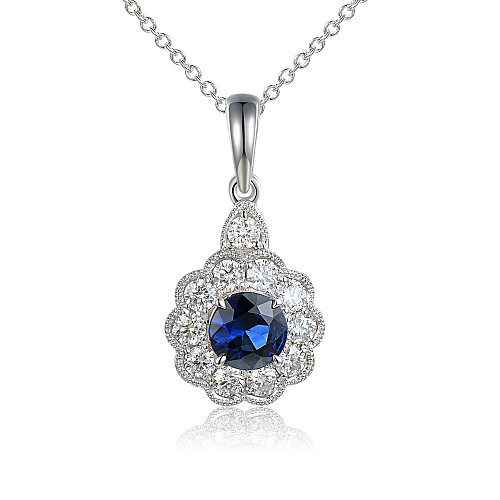 Claw Set Round Sapphire & Micro Set Round Diamond Halo Pendant