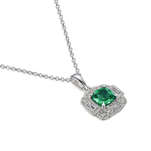 Claw Set Cushion Cut Emerald With Round Brilliant Cut Diamond Halo And Emerald Cut Diamonds With Milgrain Pendant And Chain