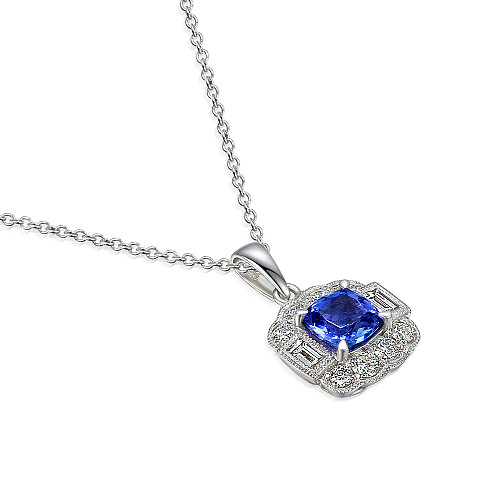 Claw Set Cushion Cut Blue Sapphire With Round Brilliant Cut Diamond Halo And Emerald Cut Diamonds With Milgrain Pendant And Chain