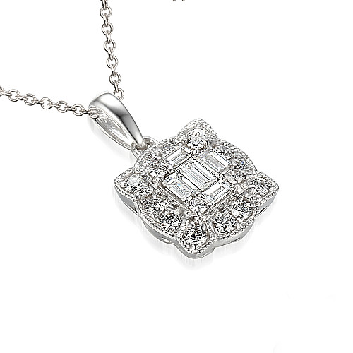 Micro Set Baguette Cut & Round Brilliant Cut Diamond Cluster Pendant And Chain
