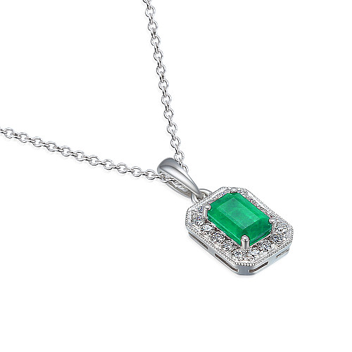 Claw Set Emerald Cut Emerald With Micro Set Diamond Halo Pendant And Chain
