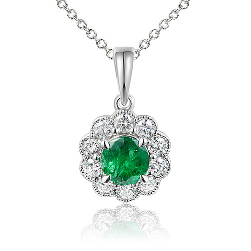 Claw Set Round Emerald & Micro Set Round Diamond Halo Pendant
