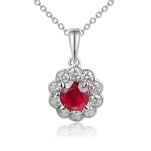 Claw Set Round Ruby & Micro Set Round Diamond Halo Pendant