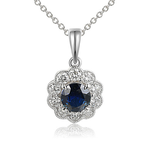Claw Set Round Sapphire & Micro Set Round Diamond Halo Pendant