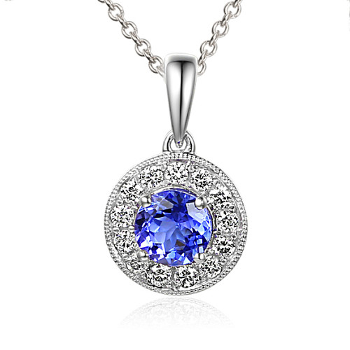 Claw Set Round Brilliant Cut Tanzanite With Micro Set Diamond Halo Pendant And Chain